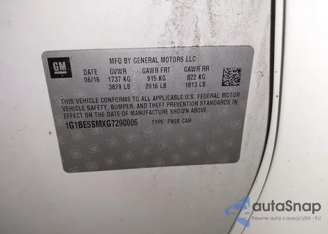 2016 Chevrolet Cruze Lt Auto из США, поврежденный, VIN 1G1BE5SMXG7290006